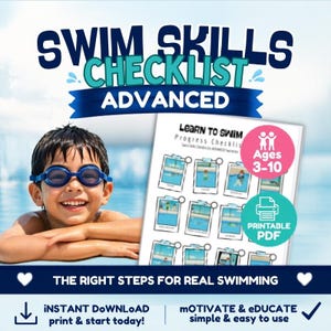 Puede incluir: Un niño con gafas de natación azules descansa en el borde de una piscina junto a un PDF imprimible Swim Skills Checklist Advanced. El documento incluye una lista de control de natación para edades de 3 a 10 años con varios iconos.