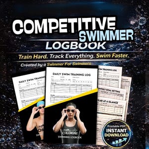 Könnte beinhalten: Ein Logbuch für Leistungsschwimmer mit einem schwarzen Einband, das einen Schwimmer mit Schwimmbrille und den Text "Powered by Chlorine" zeigt. Das Logbuch enthält Seiten für tägliche Trainingseinheiten, Monatsziele und eine Jahresübersicht.