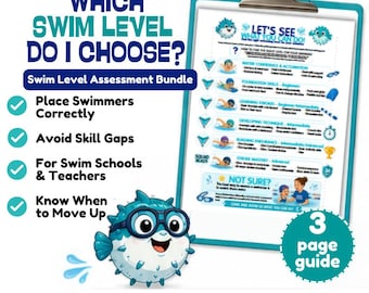 May include: A three-page swim level assessment guide on a clipboard, featuring a cartoon pufferfish mascot. The document includes text titled Which Swim Level Do I Choose? and outlines swimming skills from water confidence to stroke mastery.