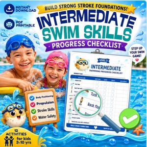 May include: An educational graphic for kids' swimming lessons. The image features two children in a pool, a checklist, and a sign with key swimming skills. The checklist includes "Body Positioning," "Propulsion," "Stroke Skills," and "Water Safety."