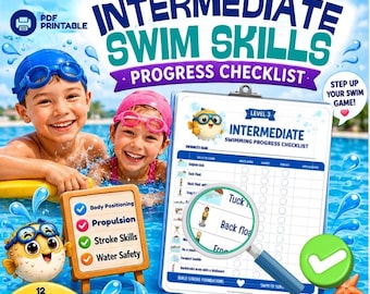 May include: A digital intermediate swim skills progress checklist for kids ages 3-10. The graphic features two children in swim caps and goggles in a pool, a clipboard with a magnifying glass showing swimming tasks, and a pufferfish cartoon character.