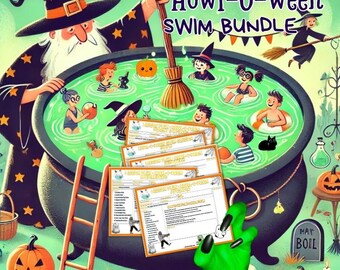 May include: A digital illustration featuring a large cauldron filled with green liquid, a wizard stirring with a broom, and children swimming. The text reads Spooktacular Howl-O-ween SWIM BUNDLE. Several printed lesson plan sheets are displayed in the foreground.