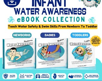 May include: An Infant Water Awareness eBook collection featuring three digital book covers titled Water Awareness for newborns, babies, and toddlers. The graphic includes a pufferfish illustration, text about swim skills, and icons for water safety.
