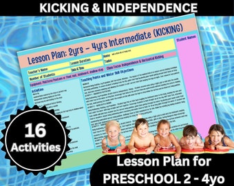 2 - 4yrs LEARNING To KICK Printables Swimming Lessons For Child Intermediate Swimmer Lesson Plan For Prep & Preschool PDF Digital Download