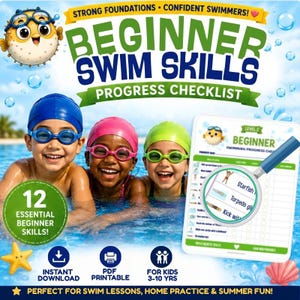 Puede incluir: Una lista de control digital para habilidades de natación para principiantes con tres niños con gorros y gafas en una piscina. El gráfico incluye un pez globo, una lupa sobre una lista y el texto Beginner Swim Skills.