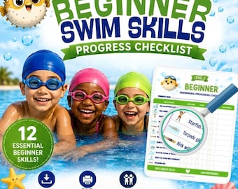 May include: A digital progress checklist for beginner swim skills featuring three children in swim caps and goggles in a pool. The graphic includes a pufferfish illustration, a magnifying glass over a checklist, and text reading Beginner Swim Skills.