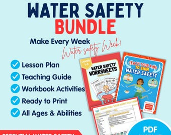 May include: A digital water safety bundle for swim teachers featuring lesson plans, teaching guides, and worksheets. The text includes FOR SWIM TEACHERS WATER SAFETY BUNDLE, Make Every Week Water safety Week!, WATER SAFETY WORKSHEETS, and TEACH YOUR KIDS TO SWIM WATER SAFETY.