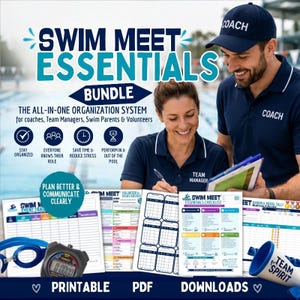 Puede incluir: Un paquete digital titulado Swim Meet Essentials que incluye hojas de organización, listas de verificación y rastreadores de eventos en PDF imprimibles. El conjunto incluye un cronómetro y gafas de natación azules.