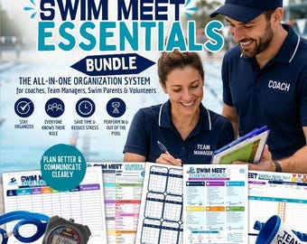 May include: A digital bundle titled Swim Meet Essentials featuring printable PDF organization sheets, checklists, and event trackers. The set includes a stopwatch and blue swimming goggles, designed for swim coaches and team managers.