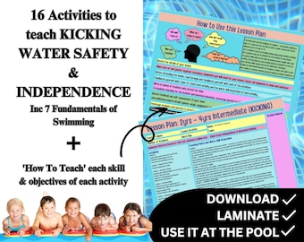 2 - 4 yo LEARN To KICK Toddler & Preschoolers Printable Swim Lesson For Children Intermediate Swimmers Lesson Plan PDF Digital Downloads