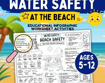 May include: A white educational infographic worksheet titled Water Safety Beach Safety with black line drawings of children, beach hazards, and safety equipment. A pink magnifying glass highlights text about beach flags and weather conditions.