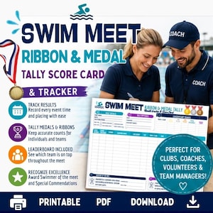 Swim Meet RIBBON & MEDAL TALLY Tracker Printable Score Card Log Results Sheet Organizer