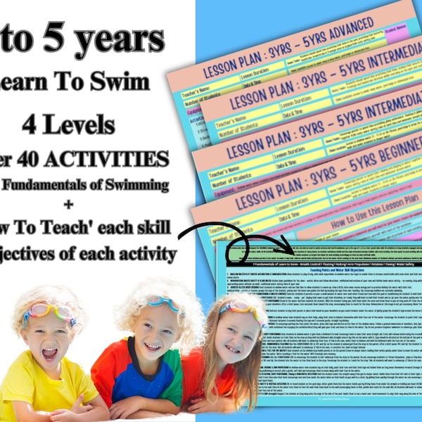 3 to 5 years (4) Levels Bundle BEGINNER, INTERMEDIATE & ADVANCED Learn To Swim Lesson Plans For Teachers and Parents of Preschool Children