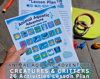 May include: A printed lesson plan titled Animal Aquatic Adventure featuring a grid of twenty-six colorful animal illustrations, a blue wave border, and instructional text. The document is held alongside a bright orange marker and rings.