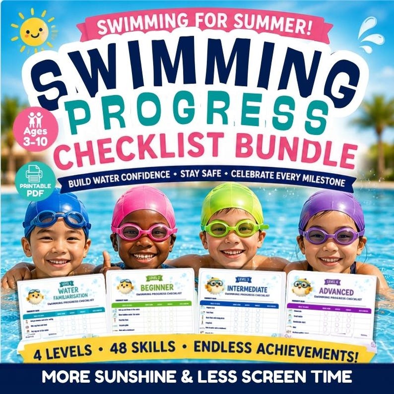 Swimming PROGRESS CHECKLIST BUNDLE Learn to Swim Skills & Water Safety ...