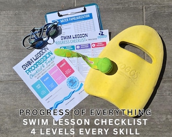 May include: A yellow Zoggs kickboard, blue swimming goggles, and a green fabric ball resting on top of two printed swim lesson progress checklists. The documents feature sections for water familiarization and skill tracking across four levels.