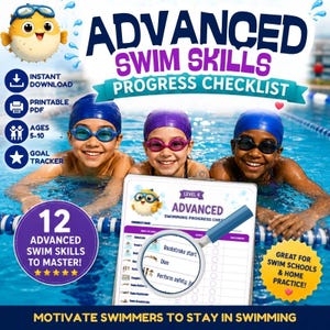 Puede incluir: Una lista de control de progreso de natación avanzada para descarga digital con tres niños con gorros y gafas de natación azules en una piscina. El gráfico incluye un pez globo, una lupa sobre una lista y 12 habilidades de natación detalladas.