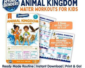 May include: Hydro Benders Animal Kingdom water workout set for kids. Includes printable activity sheets with instructions, cues, and illustrations. Features two sizes: A5 5.83 x 8.27 inches and A4 11 x 8 inches. Graphics show children and animals.