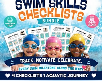 May include: A digital bundle of swim skills checklists featuring three children wearing blue, pink, and yellow swim caps and goggles. The text reads The Complete Swim Skills Checklists Bundle, Ages 3-10, Track. Motivate. Celebrate. Every Swim Milestone Along The Way!