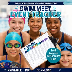 Registro de eventos de natación imprimible: Registro de progreso de marca personal, organizador para padres y entrenadores de natación.