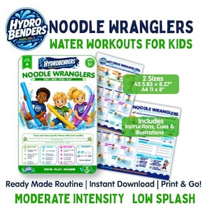 Puede incluir: Guía de ejercicios acuáticos Hydro Benders Noodle Wranglers para niños. Incluye instrucciones, señales e ilustraciones para ejercicios con fideos de piscina. Disponible en dos tamaños: A5 14,8 x 21 cm y A4 29,7 x 21 cm. Gráfico de tres niños.