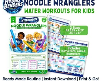 May include: Hydro Benders Noodle Wranglers water workout guide for kids. Includes instructions, cues, and illustrations for pool noodle exercises. Available in two sizes: A5 5.83 x 8.27 inches and A4 11 x 8 inches. Features a graphic of three children.
