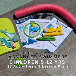 May include: A swimming lesson kit including a pink foam noodle, black goggles, a lime green kickboard, a green ring, a yellow fish toy, a blue fish toy, a blue dolphin toy, a green octopus toy, and a clipboard with lesson plans for children 5-12 years.