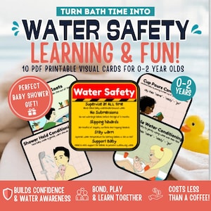 May include: A promotional image for water safety learning cards for babies and toddlers. The cards feature illustrations and text about bath time safety. The image includes the text "Water Safety Learning & Fun!" and "Perfect Baby Shower Gift!"