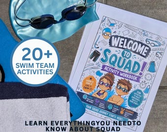 May include: A light blue swim cap with black goggles, a navy and white striped towel, and a white activity workbook titled Welcome to Squad! Activity Workbook with illustrations of two swimmers and text about swim team activities.