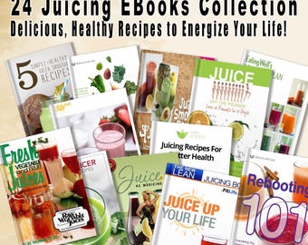Puede incluir: Una colección de 24 libros electrónicos sobre zumos, con portadas coloridas con imágenes de frutas, verduras y zumos. Los títulos incluyen "Zumos frescos de verduras y frutas", "Recetas de zumos para una mejor salud", "El zumo como medicina", "El nuevo zumo delgado para energizar tu vida" y "Reinicio 101".