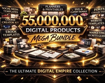 Puede incluir: Imagen promocional de un mega paquete de productos digitales. La imagen presenta pilas de libros, computadoras portátiles y documentos, con el texto "55.000.000 PRODUCTOS DIGITALES MEGA BUNDLE". La imagen es en oro y negro, con el texto "THE ULTIMATE DIGITAL EMPIRE COLLECTION".