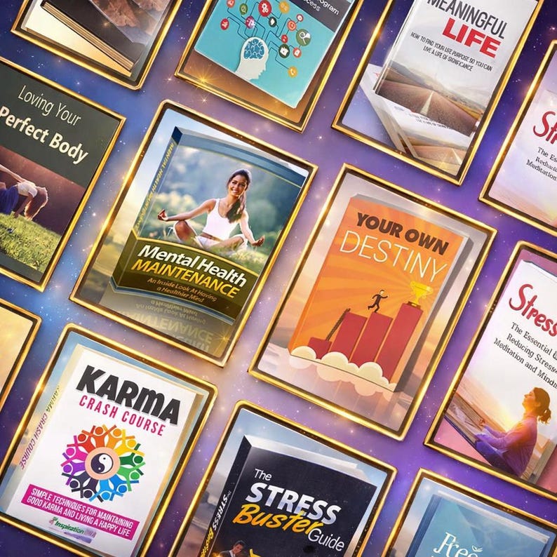 Puede incluir: Una variedad de libros de autoayuda con marcos dorados. Los t&iacute;tulos incluyen "Mental Health Maintenance", "Your Own Destiny" y "Karma Crash Course". Las portadas presentan im&aacute;genes y texto relacionados con el bienestar y el crecimiento personal.