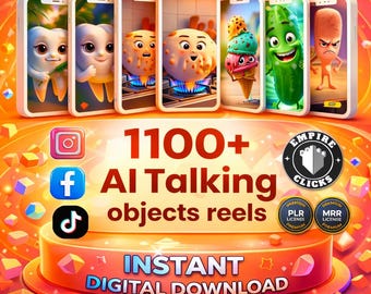 Puede incluir: Imagen promocional con varios smartphones que muestran personajes de comida animados. La imagen incluye el texto "1100+ AI Talking objects reels" y "INSTANT DIGITAL DOWNLOAD". También hay iconos de redes sociales y un logotipo.