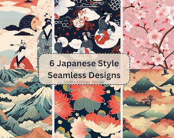 May include: A collection of six Japanese-style seamless designs. The designs feature illustrations of geishas, cherry blossoms, mountains, and floral patterns in a muted color palette of red, blue, and peach. The image includes the text "6 Japanese Style Seamless Designs".