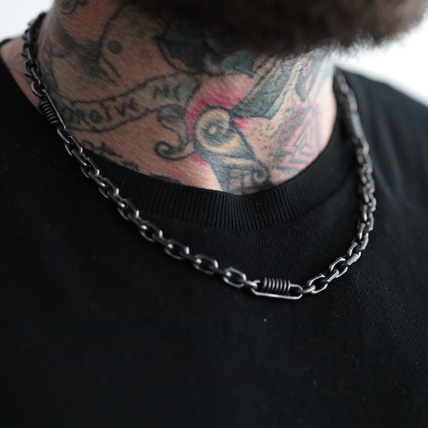 Oxidized Stainless Steel Locomotive Chain Necklace, Cyberpunk Biker Jewelry