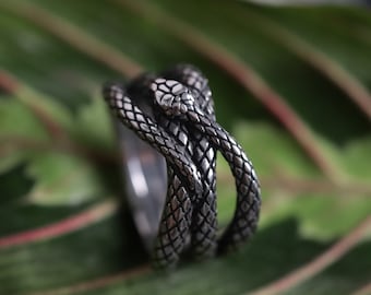 Op de afbeelding: Een zilverkleurige ring met een gedetailleerd slangenontwerp. Het lichaam van de slang wikkelt zich om de ring, met de kop prominent aanwezig. De ring staat tegen een groene en rode bladeren achtergrond.
