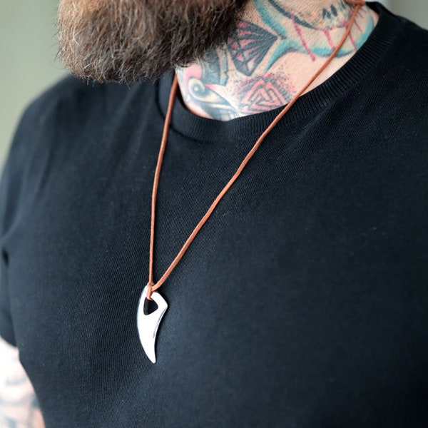 Wolf tooth fang high polished Stainless Steel viking Pendant with vegan leather sliding knot necklace, solid edgy bold necklace