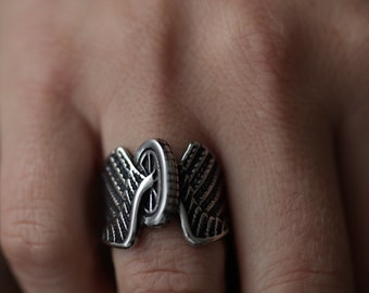 Biker ring for women, stainless steel motorcycle lover ring for her, motorcycle guardian spirit, angel wings and tire ring, present for her