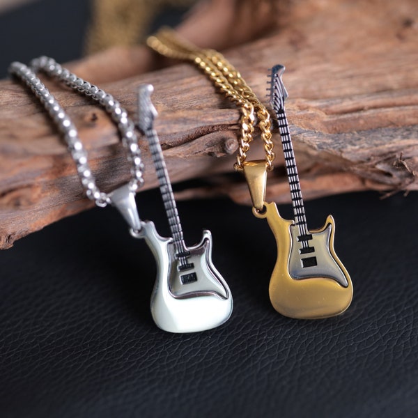 You are the music in my life, two Fender Statocaster Guitar pendant necklaces, bicolor Valentine day couple special present for him and her