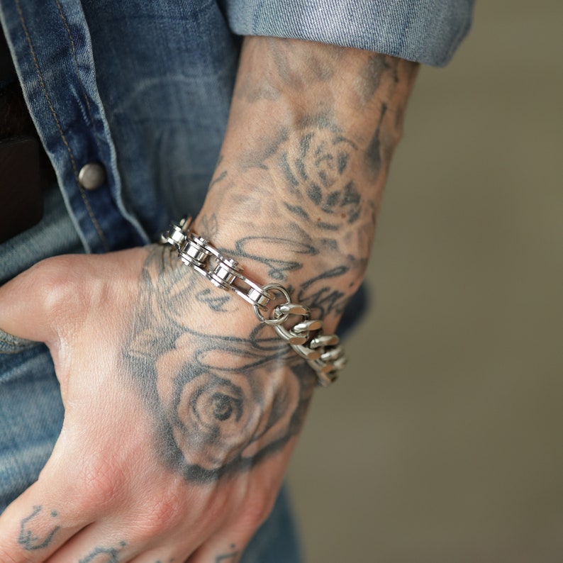 Bracciale moda a catena mista, bracciale in acciaio inossidabile in 3 stili, audace, abbigliamento da polso alla moda, moschettone in stile cyberpunk gotico biker punk immagine 5