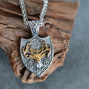 Celtic Deer pendant, nordic viking necklace, stainless steel bicolor gold silver pendant, keel necklace 60cm, unisex norse jewelry