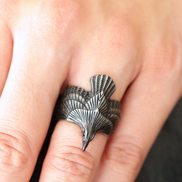 Gothic Black Raven Ring • Open Wings Oxidised Steel Statement Jewelry for Dark Alternative Style