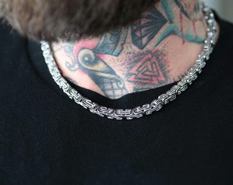 Byzantine chain, stainless steel necklace, unisex square solid necklace, 7mm wide and 50cm long necklace, fashion trendy punk biker chain