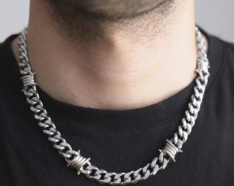 Barbed Wire Cuban Chain Necklace: Stainless Steel Punk Jewelry, Free Engraving