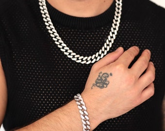 Iced Out Cuban Link Set: Stainless Steel CZ Chain & Bracelet