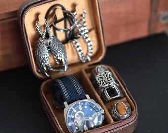 Organizador de joyas de polipiel rústica marrón oscuro, portajoyas de cuero vegano, organizador de viajes para anillos, collares, relojes y pulseras