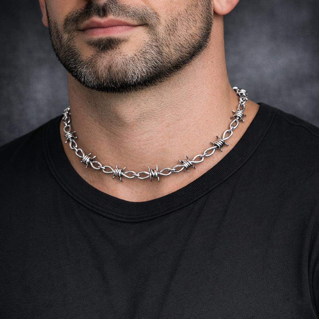 Barbed Wire Necklace Bracelet Set – Stainless Steel Punk Gothic