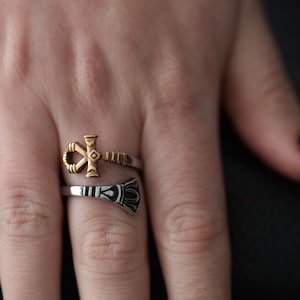 Ankh Key of Life Ring: Gold & Silver Stainless Steel Egyptian Lotus