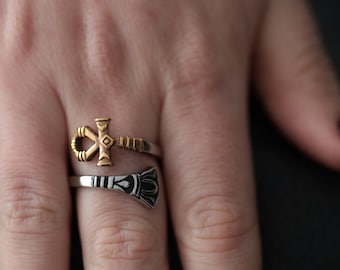 Anillo unisex de acero inoxidable con símbolo egipcio, símbolo de la llave de la vida Ankh, símbolo de la flor de loto del sol, anillo abierto bicolor de oro y plata.