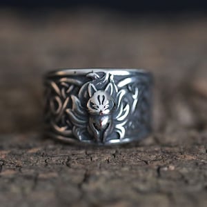 Cute Gothic Nine-Tail Fox Kitsune Stainless Steel Ring – Magic and Charm Ring, fantasy cute mystical animal ring, size 7 - 12 US